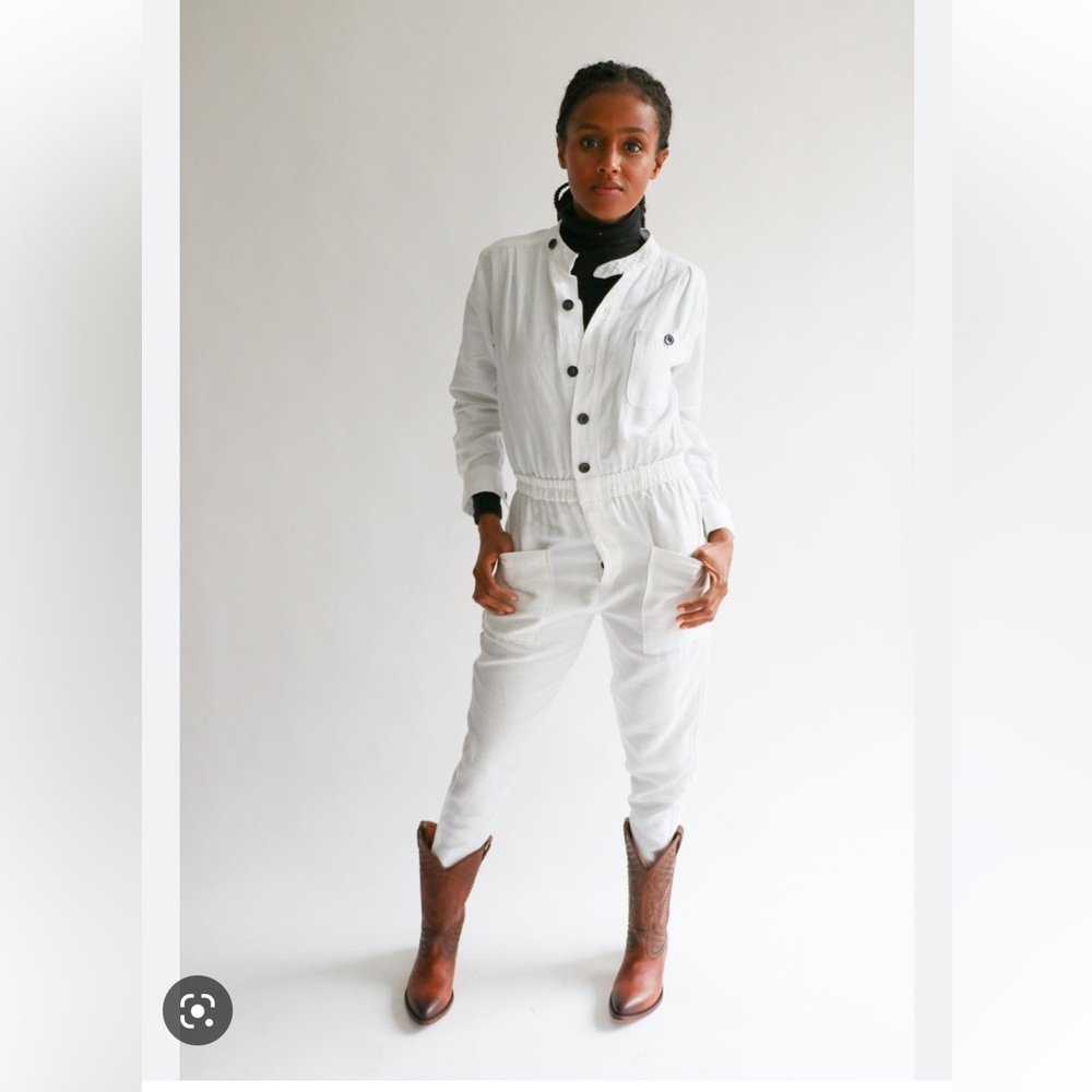 frame denim utility jumpsuit white